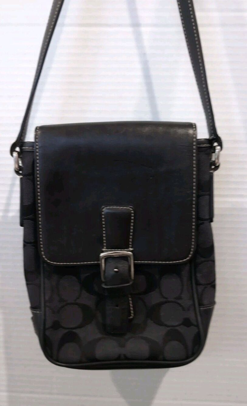 COACH Crossbody BLACK LEATHER SHOULDER BAG  Signature E 1 R-6098 SADDLE BAG Y2K